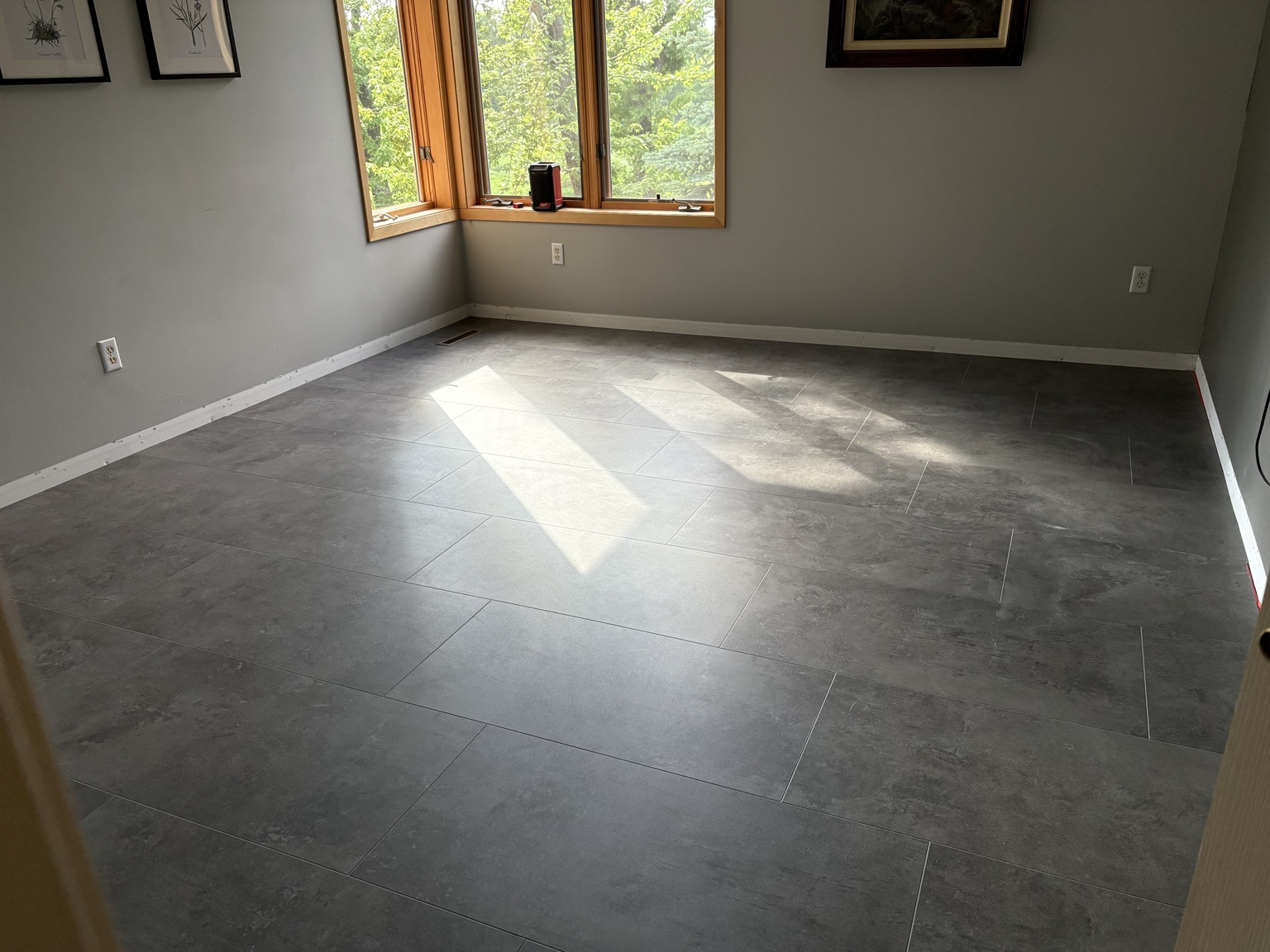 New dark flooring in a bright room
