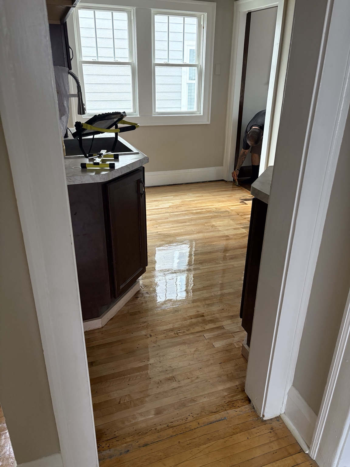 New wood flooring in a renovated kitchen